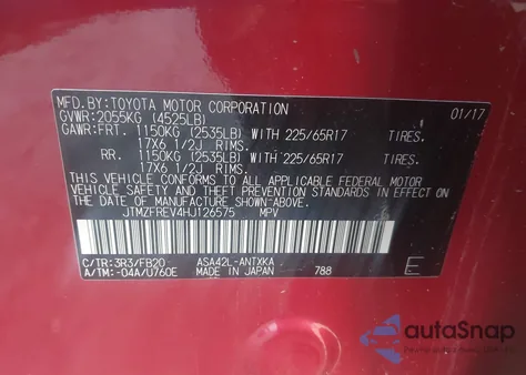 2017 Toyota Rav4 Le z USA, uszkodzony, nr VIN JTMZFREV4HJ126575